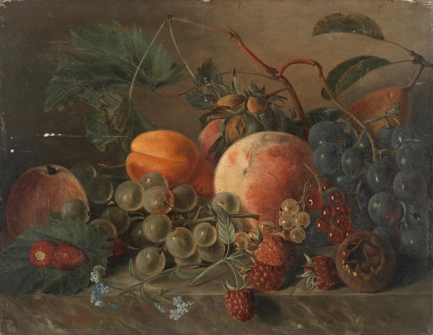 Natura morta di frutta su una mensola di marmo